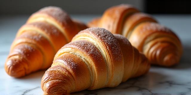Golden flaky croissants and pastries